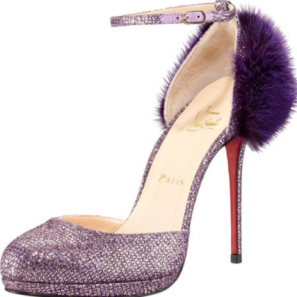 Christian Louboutin Purple Glitter Pom-Pom Ankle-Strap Pump with Red Heel